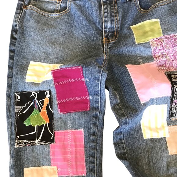 Boho Patch Jeans, 10P: Upcycled Hippie Pants, Paris Theme, Decorative Stitching - Picture 7 of 10